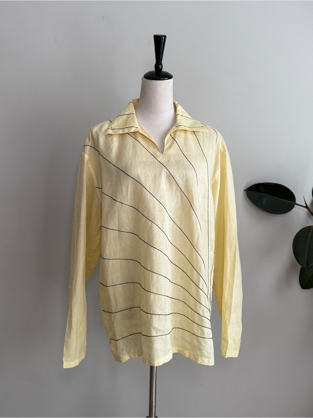 Vintage Linen Collared Diagonal Stripe Top Blouse XXL